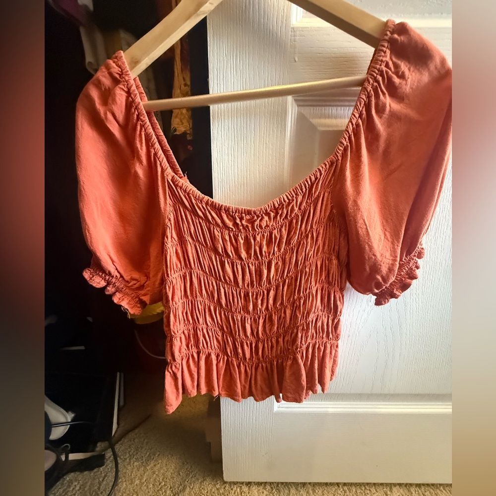 Patrons of Peace Rust Smocked Puff-Sleeve Crop Top
